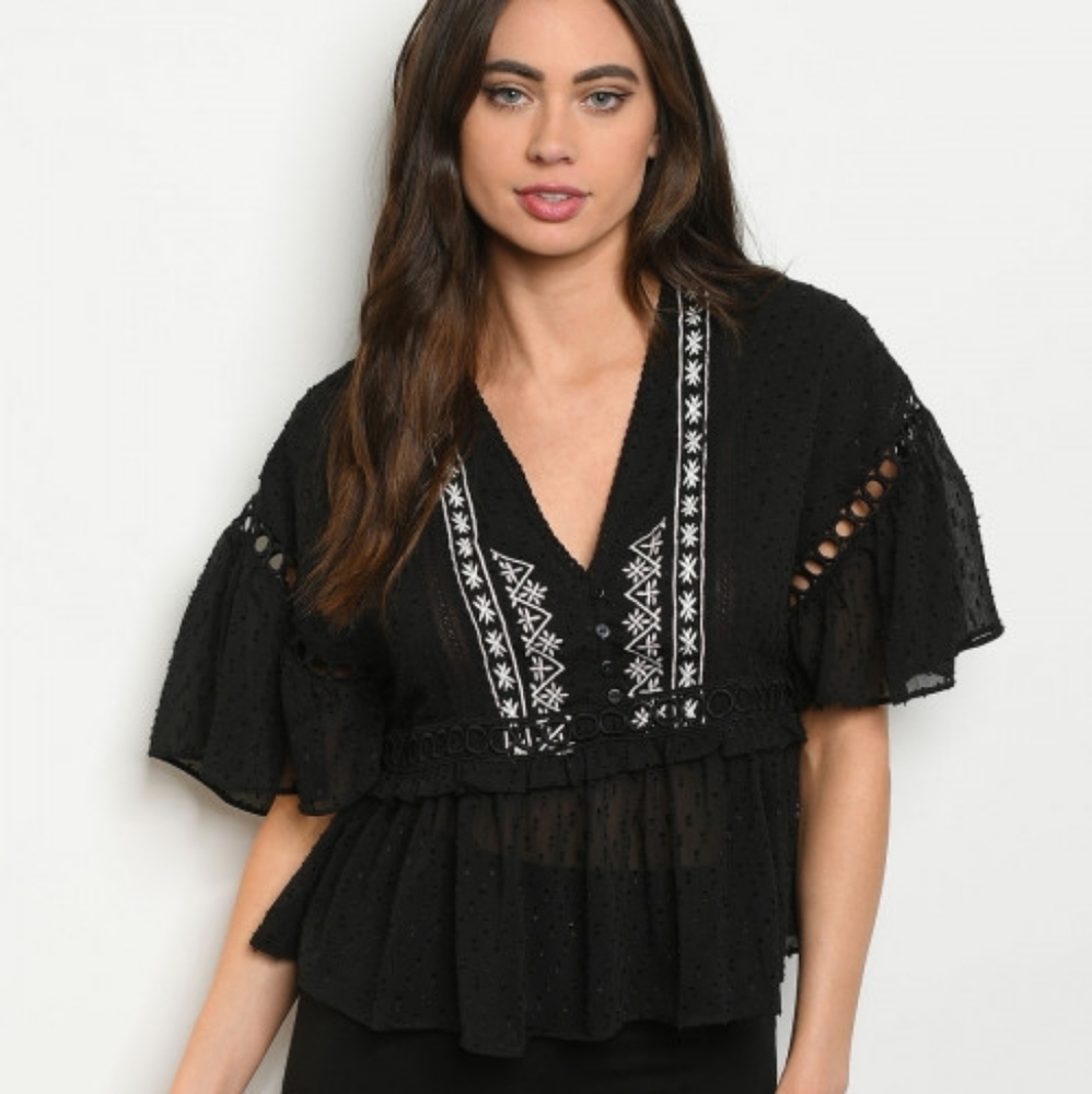Boho Embroidered Peplum Blouse NWT Sheer Swiss Dot Black Top